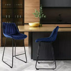 Chaise de bar capitonnée en velours Elama, lot de 2, bleue avec pieds en métal