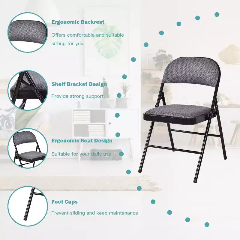 Costway Lot de 4 chaises pliantes en tissu rembourré, assise capitonnée, cadre en métal, pour maison/bureau