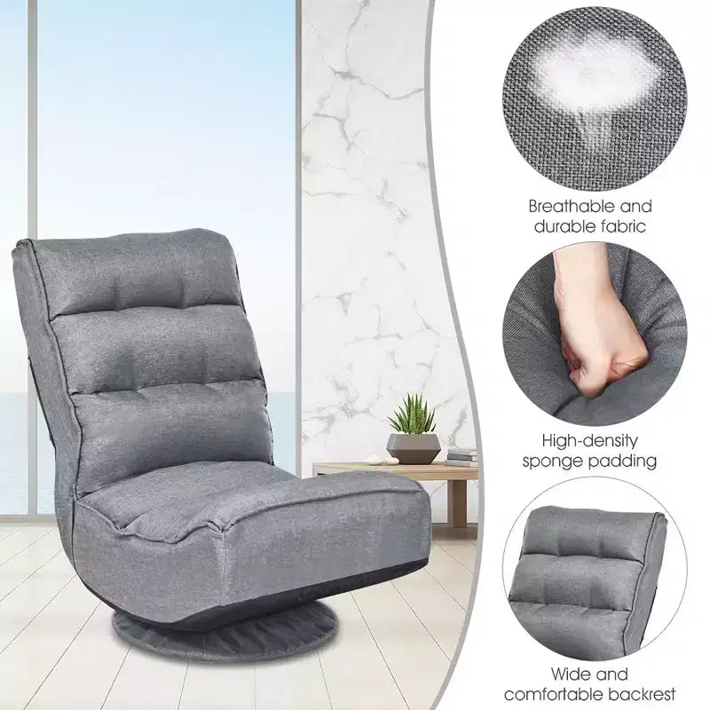 Chaise de jeu Costway en tissu, canapé paresseux pliable 6 positions, pivotant à 360 degrés, gris