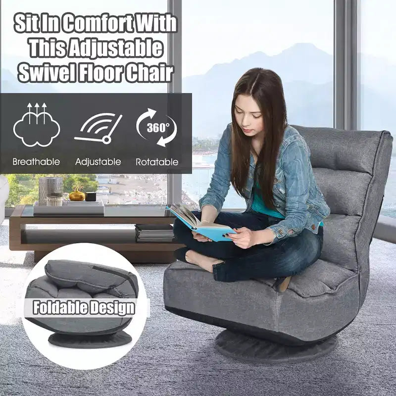 Chaise de jeu Costway en tissu, canapé paresseux pliable 6 positions, pivotant à 360 degrés, gris
