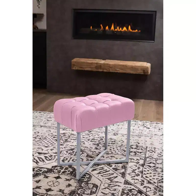 BirdRock Home Pouf Repose-Pieds Rectangulaire Rose capitonné avec Pieds Argentés