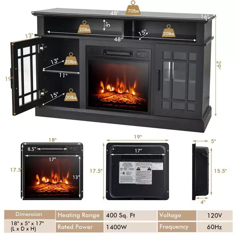 Meuble TV cheminée Costway 48" avec foyer électrique 1400W pour téléviseurs jusqu'à 50 pouces Blanc / Naturel / Noir