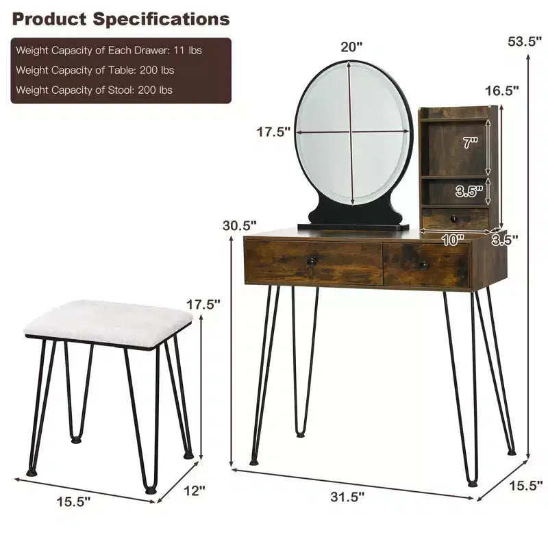 Costway Coiffeuse Ensemble Miroir Éclairé Tiroir de Rangement Étagère Tabouret Rembourré