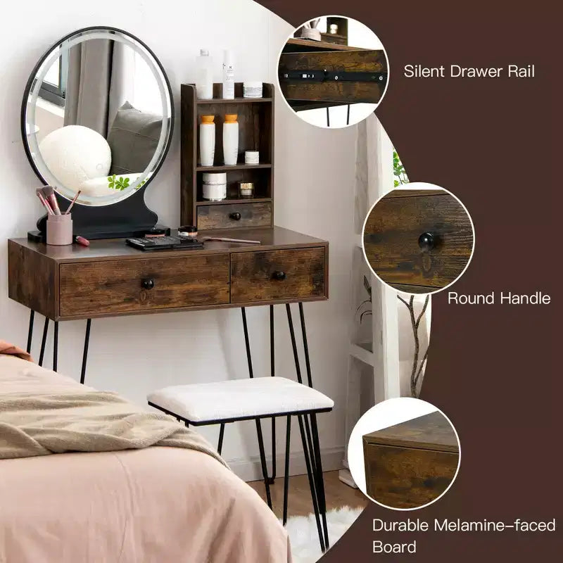 Costway Coiffeuse Ensemble Miroir Éclairé Tiroir de Rangement Étagère Tabouret Rembourré
