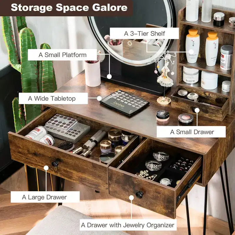Costway Coiffeuse Ensemble Miroir Éclairé Tiroir de Rangement Étagère Tabouret Rembourré