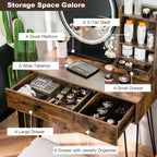 Costway Coiffeuse Ensemble Miroir Éclairé Tiroir de Rangement Étagère Tabouret Rembourré