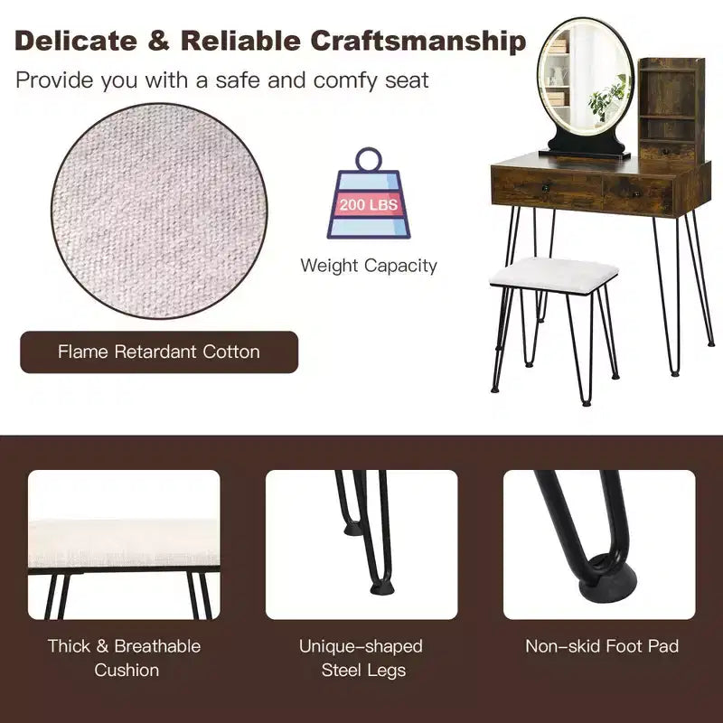 Costway Coiffeuse Ensemble Miroir Éclairé Tiroir de Rangement Étagère Tabouret Rembourré