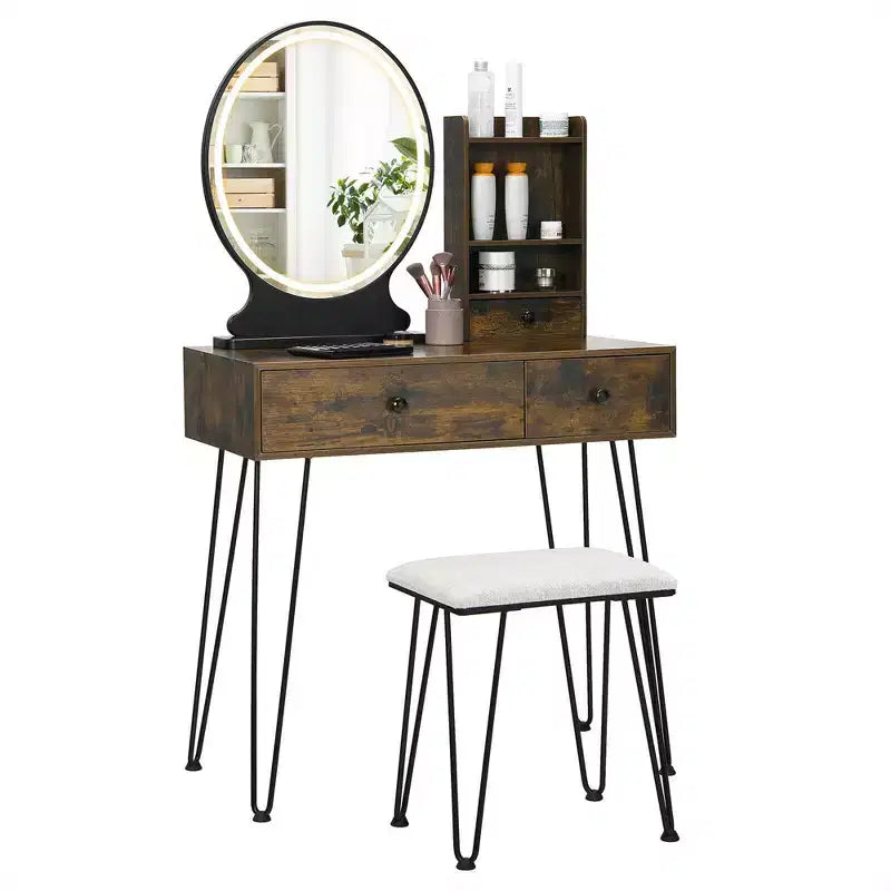 Costway Coiffeuse Ensemble Miroir Éclairé Tiroir de Rangement Étagère Tabouret Rembourré