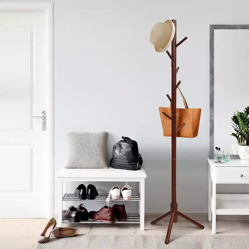Porte-manteau en bois Costway, meuble d'entrée avec 2 hauteurs et 8 crochets, Gris/Noyer