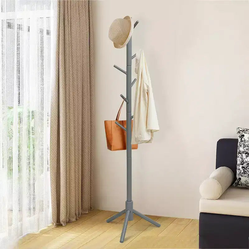 Porte-manteau en bois Costway, meuble d'entrée avec 2 hauteurs et 8 crochets, Gris/Noyer