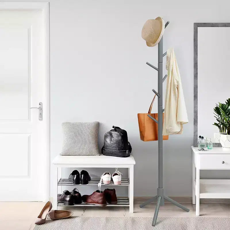 Porte-manteau en bois Costway, meuble d'entrée avec 2 hauteurs et 8 crochets, Gris/Noyer