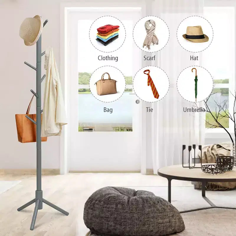 Porte-manteau en bois Costway, meuble d'entrée avec 2 hauteurs et 8 crochets, Gris/Noyer