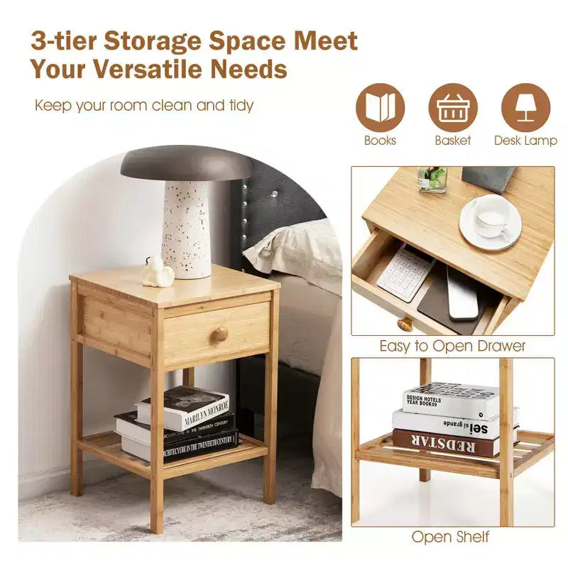 Costway Lot de 2 tables de chevet en bambou avec tiroir pour salon ou chambre à coucher