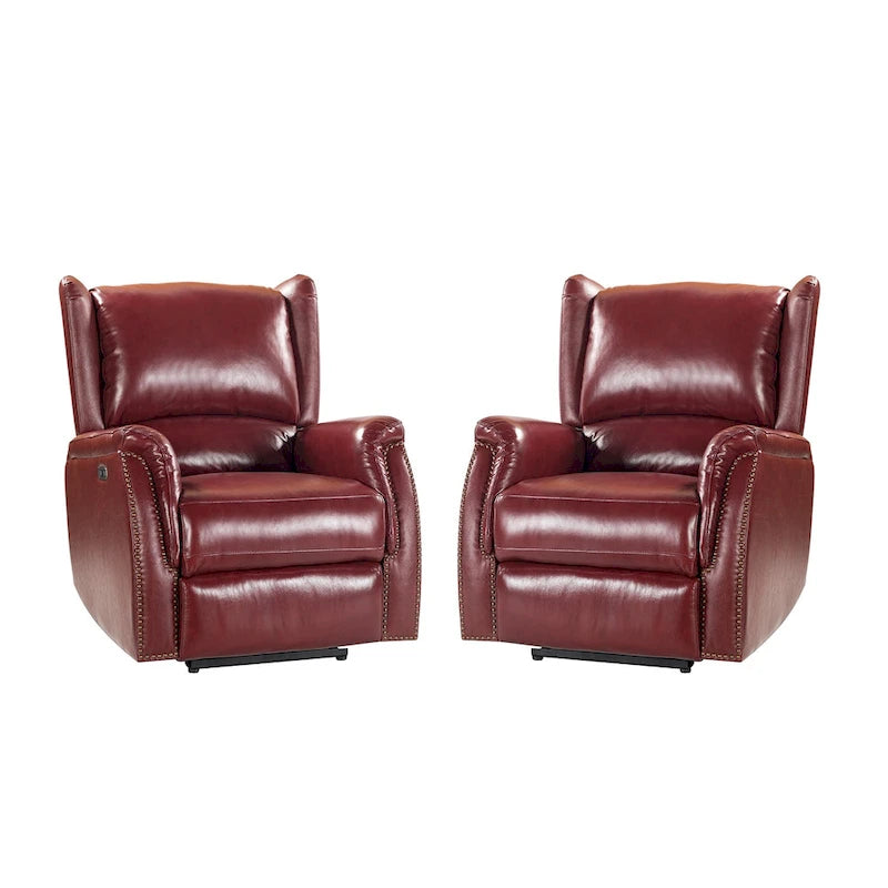 Fauteuil inclinable électrique en cuir véritable avec port USB – Ensemble de 2 fauteuils à oreilles cloutés