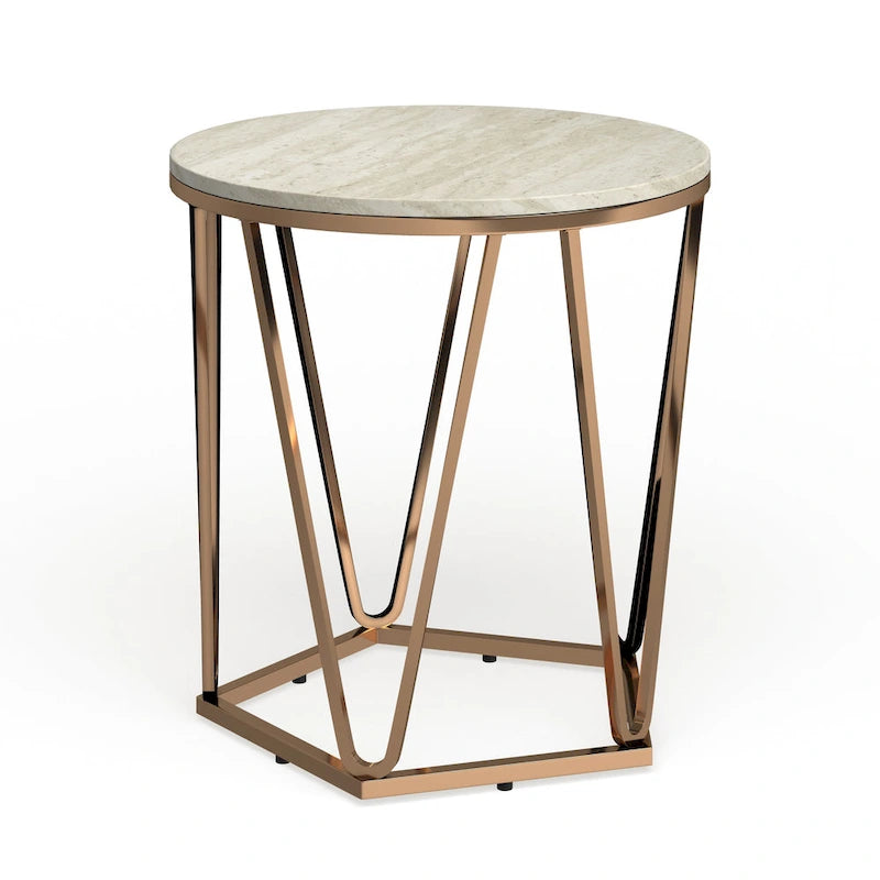 Table d'appoint ronde moderne en faux marbre – Base géométrique dorée