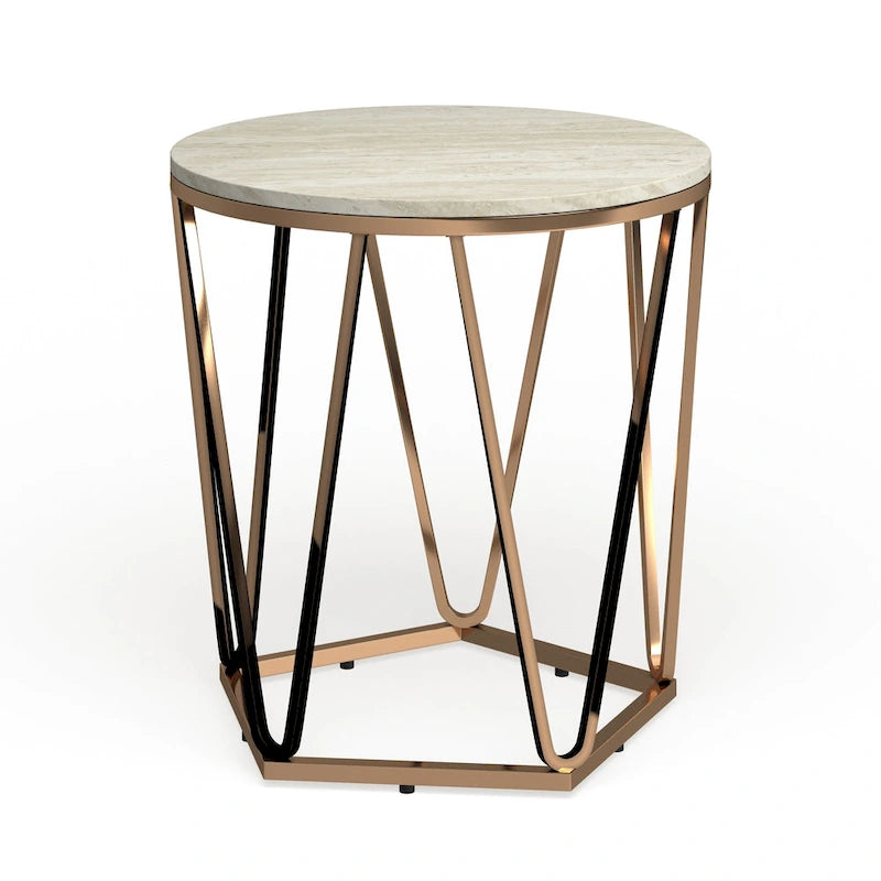 Table d'appoint ronde moderne en faux marbre – Base géométrique dorée