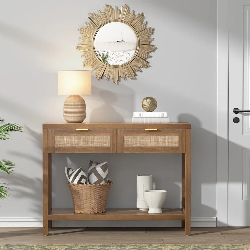 Console en rotin avec 2 tiroirs et étagères – Table d'entrée bohème moderne