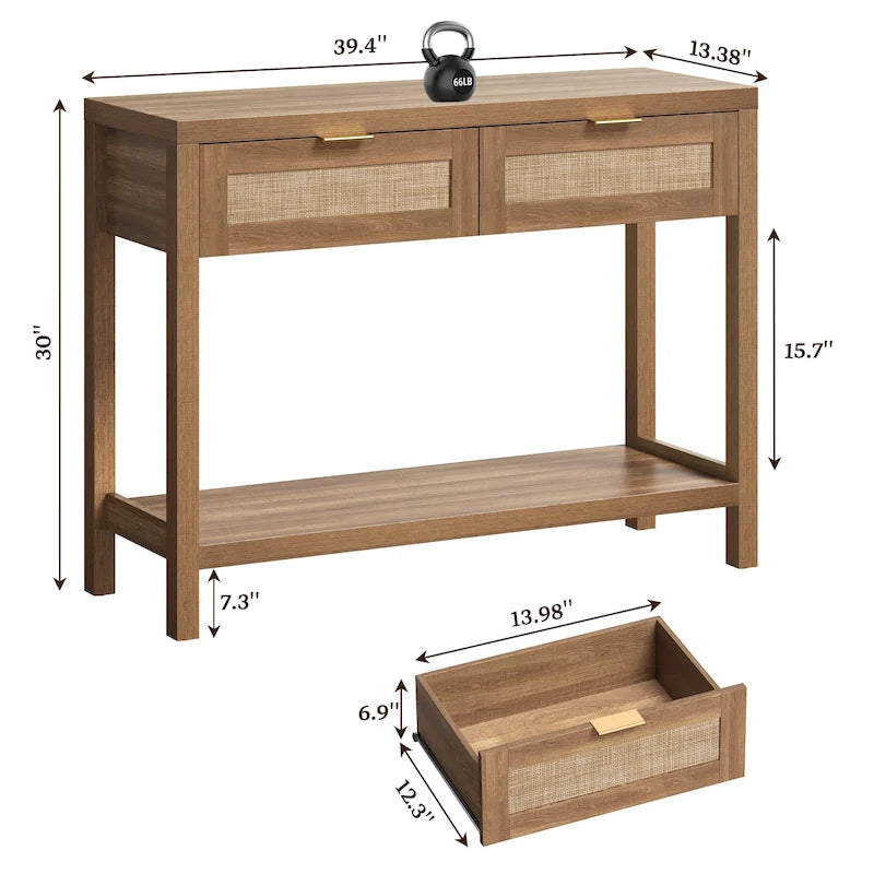 Console en rotin avec 2 tiroirs et étagères – Table d'entrée bohème moderne