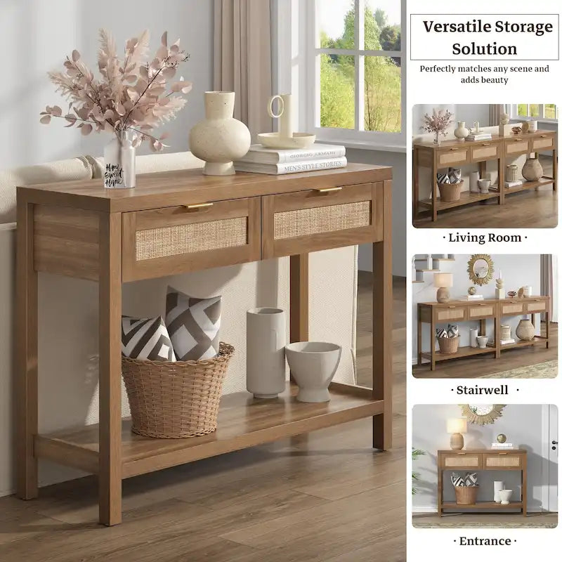 Console en rotin avec 2 tiroirs et étagères – Table d'entrée bohème moderne