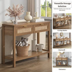 Console en rotin avec 2 tiroirs et étagères – Table d'entrée bohème moderne