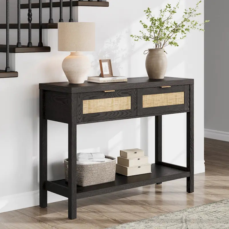 Console en rotin avec 2 tiroirs et étagères – Table d'entrée bohème moderne