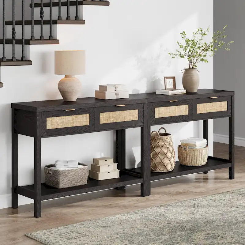 Console en rotin avec 2 tiroirs et étagères – Table d'entrée bohème moderne
