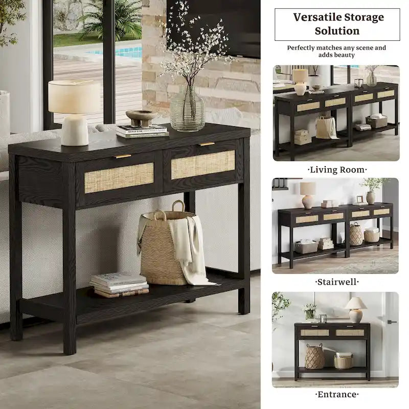 Console en rotin avec 2 tiroirs et étagères – Table d'entrée bohème moderne
