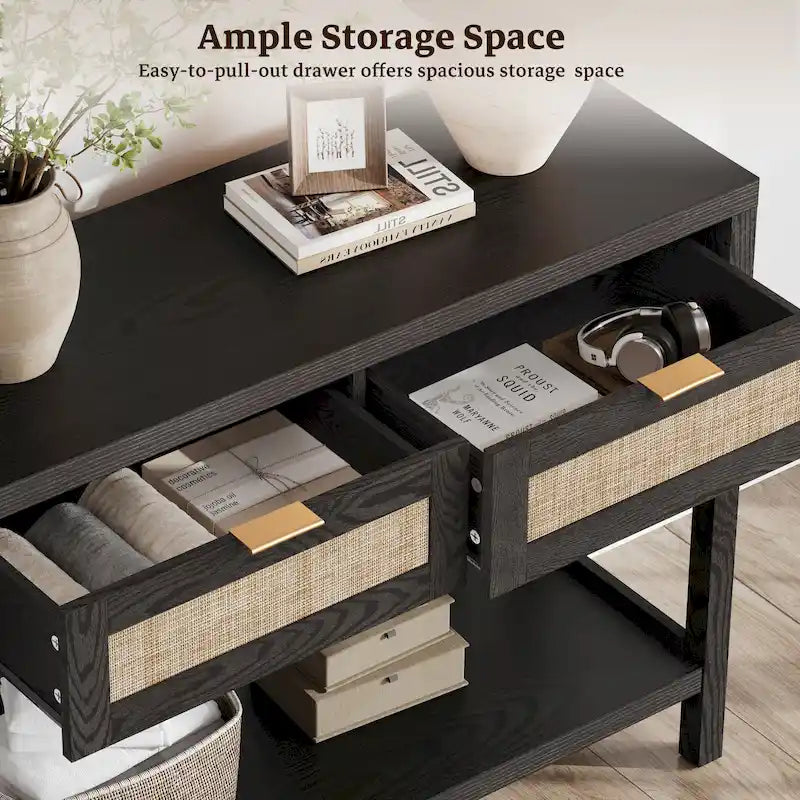 Console en rotin avec 2 tiroirs et étagères – Table d'entrée bohème moderne