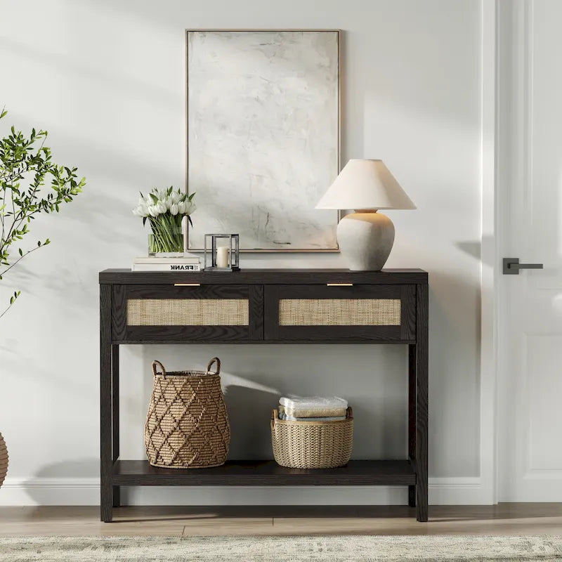 Console en rotin avec 2 tiroirs et étagères – Table d'entrée bohème moderne