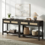 Console en rotin avec 2 tiroirs et étagères – Table d'entrée bohème moderne