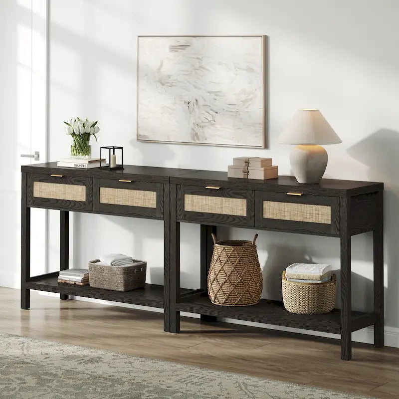 Console en rotin avec 2 tiroirs et étagères – Table d'entrée bohème moderne