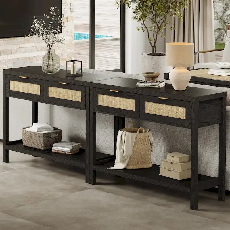 Console en rotin avec 2 tiroirs et étagères – Table d'entrée bohème moderne