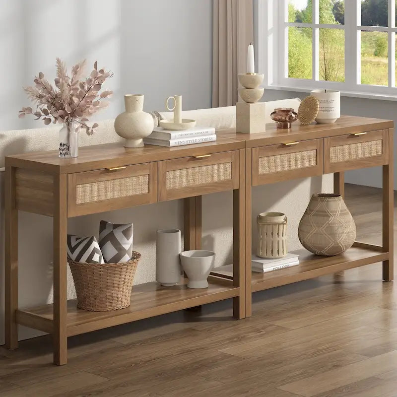 Console en rotin avec 2 tiroirs et étagères – Table d'entrée bohème moderne