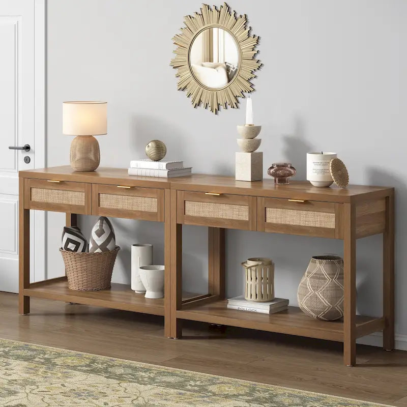 Console en rotin avec 2 tiroirs et étagères – Table d'entrée bohème moderne