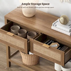 Console en rotin avec 2 tiroirs et étagères – Table d'entrée bohème moderne