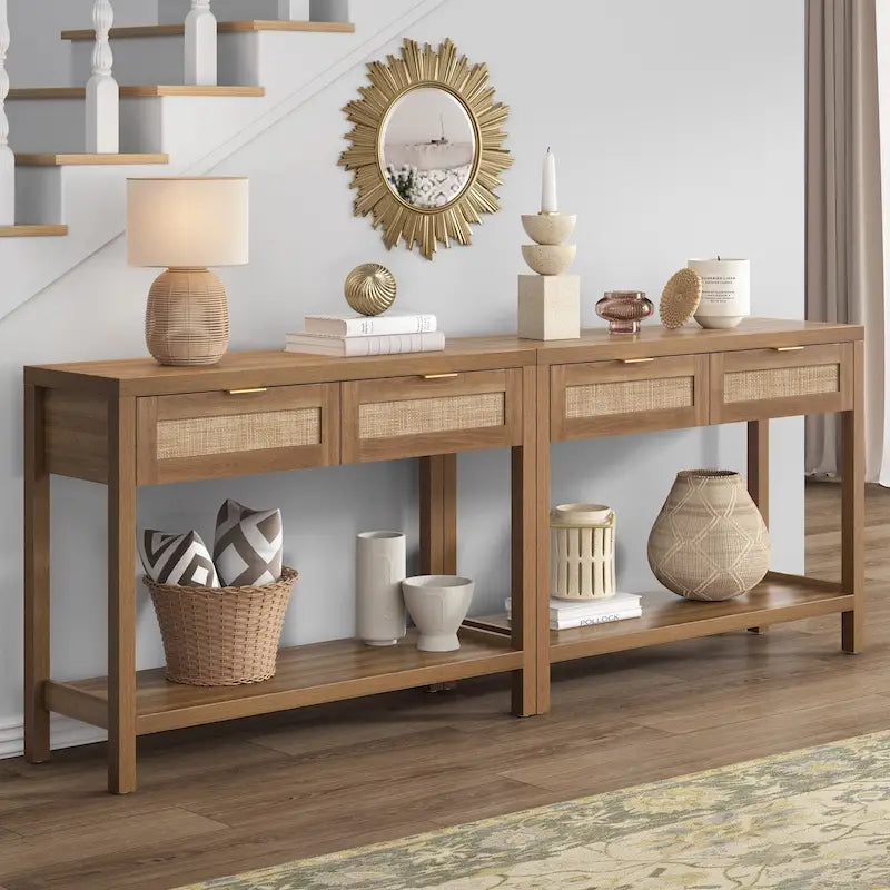 Console en rotin avec 2 tiroirs et étagères – Table d'entrée bohème moderne