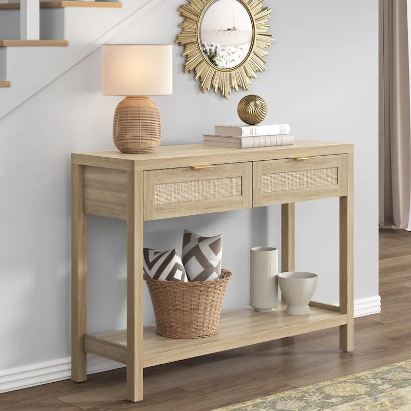 Console en rotin avec 2 tiroirs et étagères – Table d'entrée bohème moderne