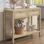 Console en rotin avec 2 tiroirs et étagères – Table d'entrée bohème moderne