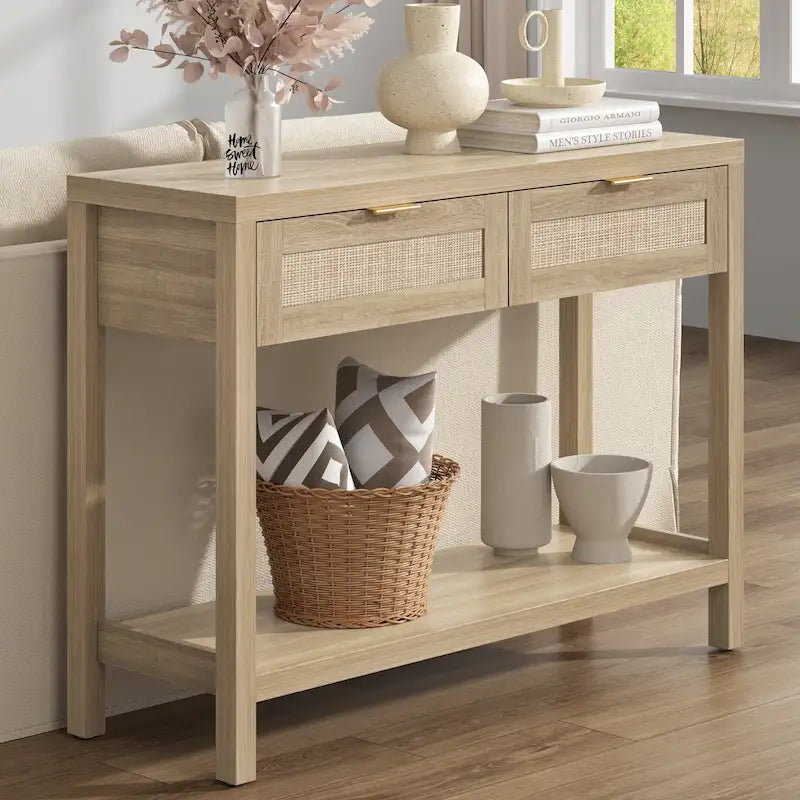 Console en rotin avec 2 tiroirs et étagères – Table d'entrée bohème moderne