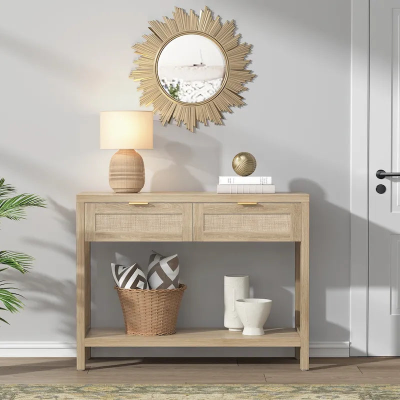 Console en rotin avec 2 tiroirs et étagères – Table d'entrée bohème moderne