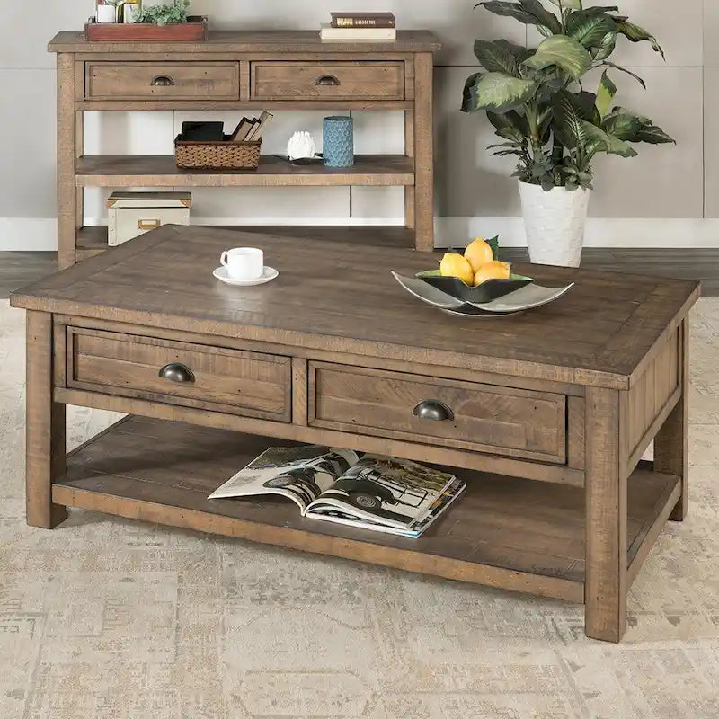 Table basse à 2 tiroirs en bois massif – Style ferme côtière