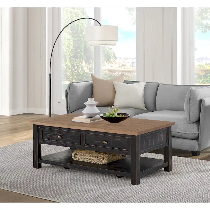 Table basse à 2 tiroirs en bois massif – Style ferme côtière