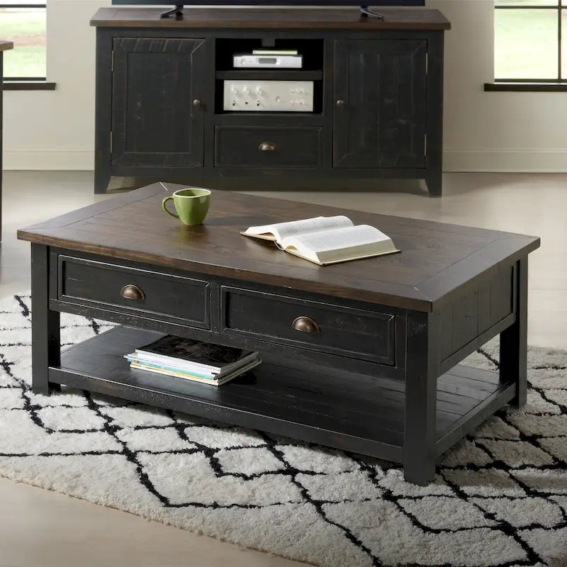 Table basse à 2 tiroirs en bois massif – Style ferme côtière
