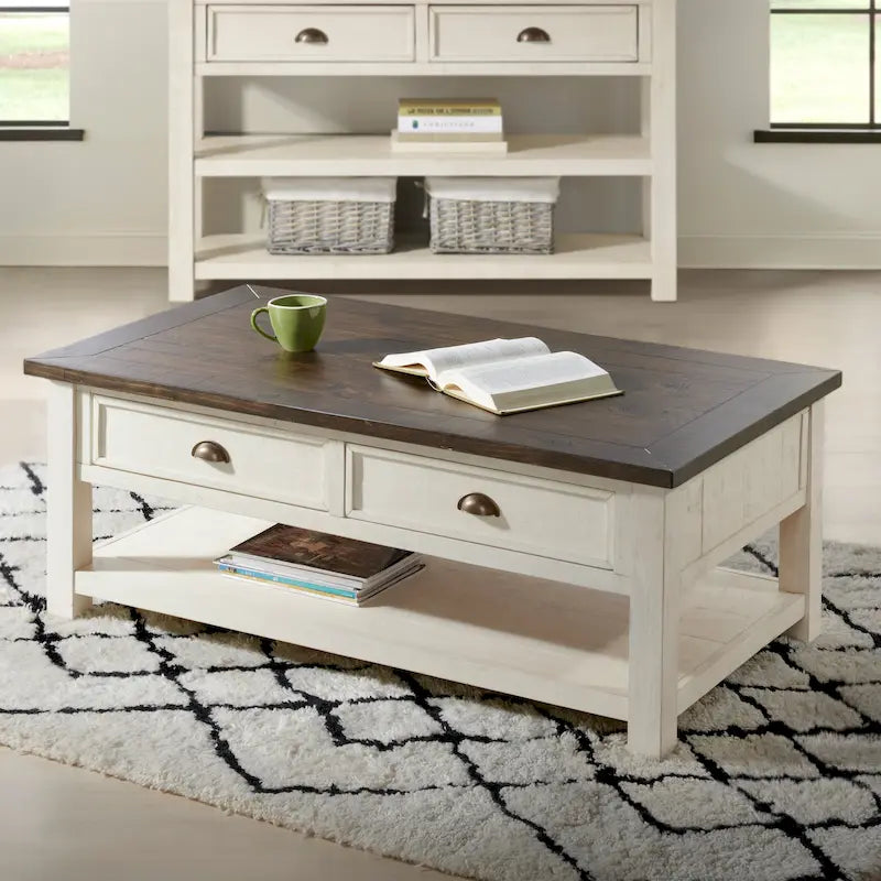Table basse à 2 tiroirs en bois massif – Style ferme côtière
