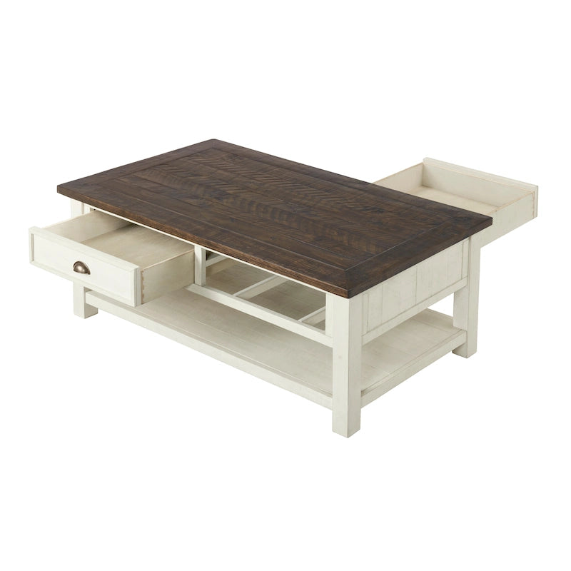 Table basse à 2 tiroirs en bois massif – Style ferme côtière