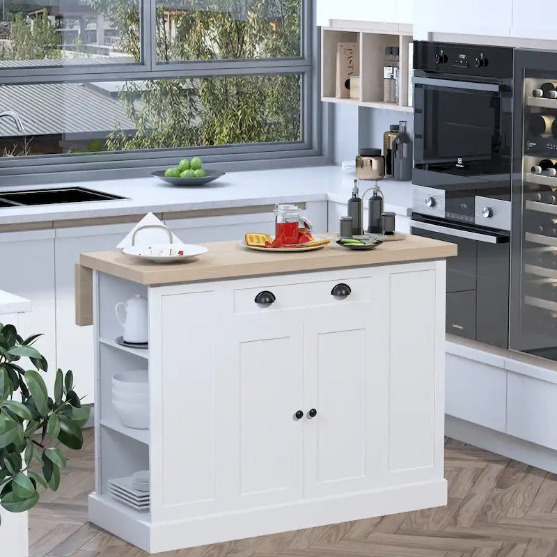 Îlot de cuisine en bois de style cannelé avec abattant, tiroir et étagères ouvertes