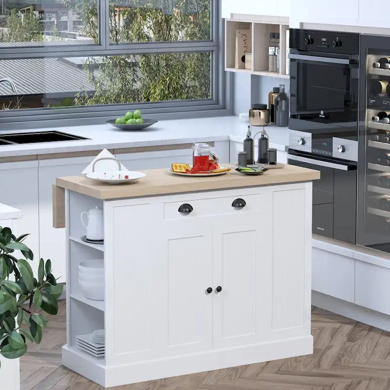 Îlot de cuisine en bois de style cannelé avec abattant, tiroir et étagères ouvertes
