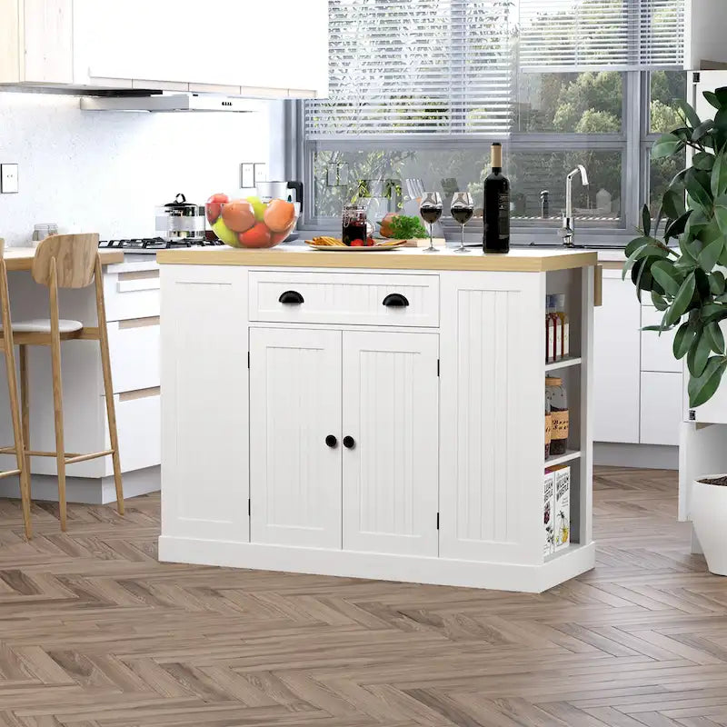 Îlot de cuisine en bois de style cannelé avec abattant, tiroir et étagères ouvertes