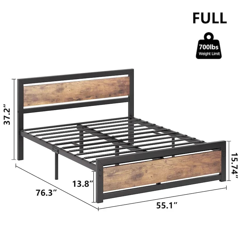 Cadre de lit plateforme avec tête de lit, aucun sommier tapissier requis, supporte jusqu'à 317 kg, marron rustique