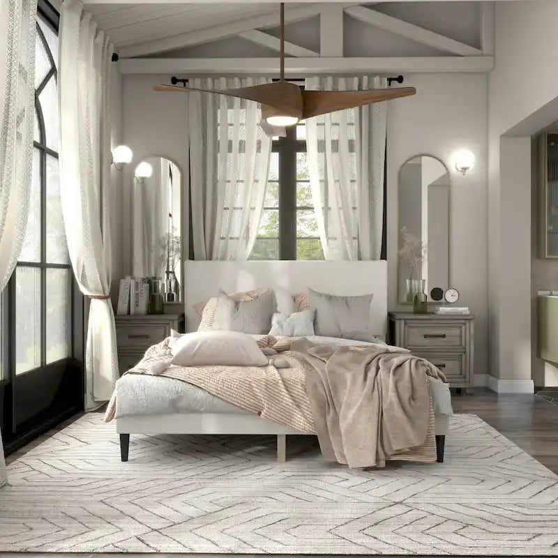 Lit plateforme queen-size réglable en bouclette blanche moderne